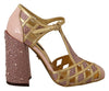Dolce & Gabbana Pink Gold Leather Crystal Pumps T-strap Shoes