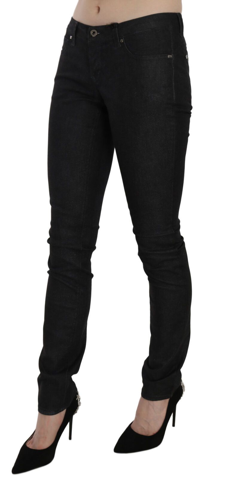 Blugi skinny casual din denim cu talie joasă negri de la Costume National
