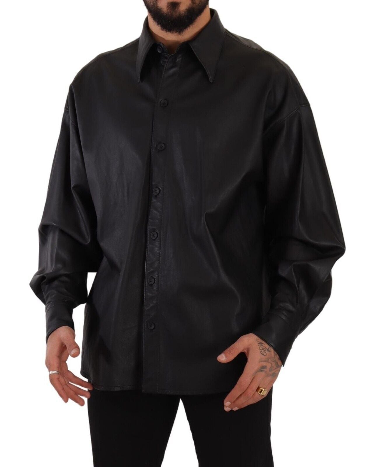 Dolce & Gabbana Black Leather Button Down Men Collared Jacket