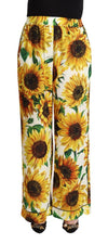 Dolce & Gabbana White Sunflower Print Mid Waist Wide Leg Pants