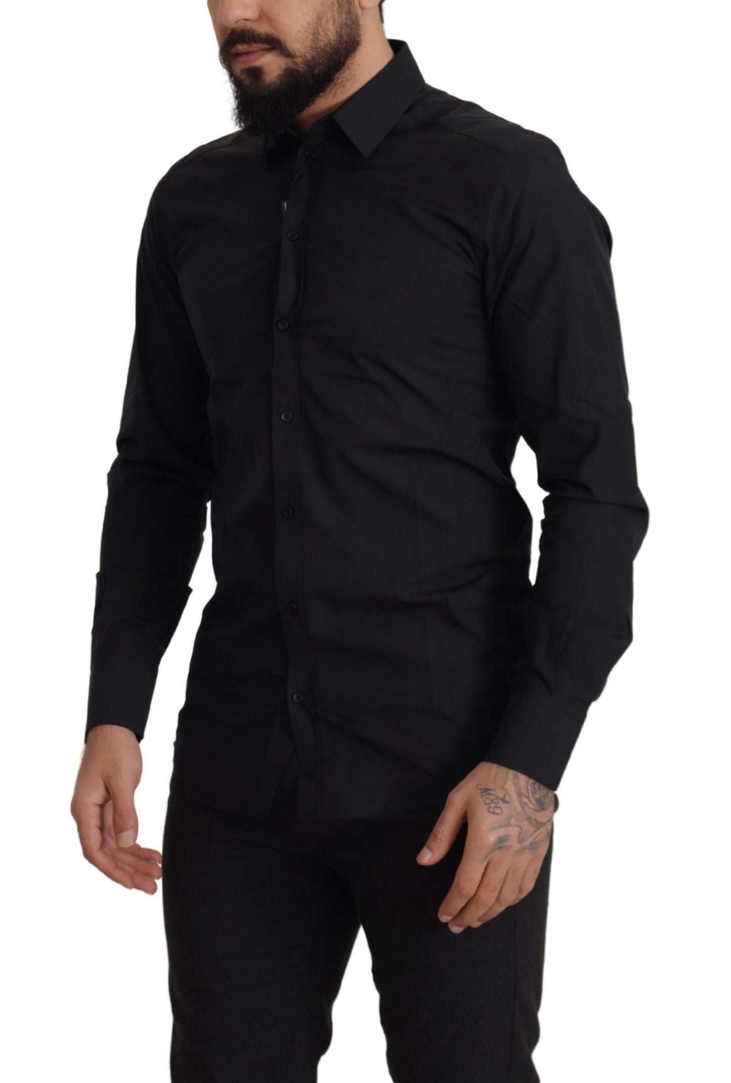 Cămașă Dolce & Gabbana neagră din bumbac, croială slim, aurie