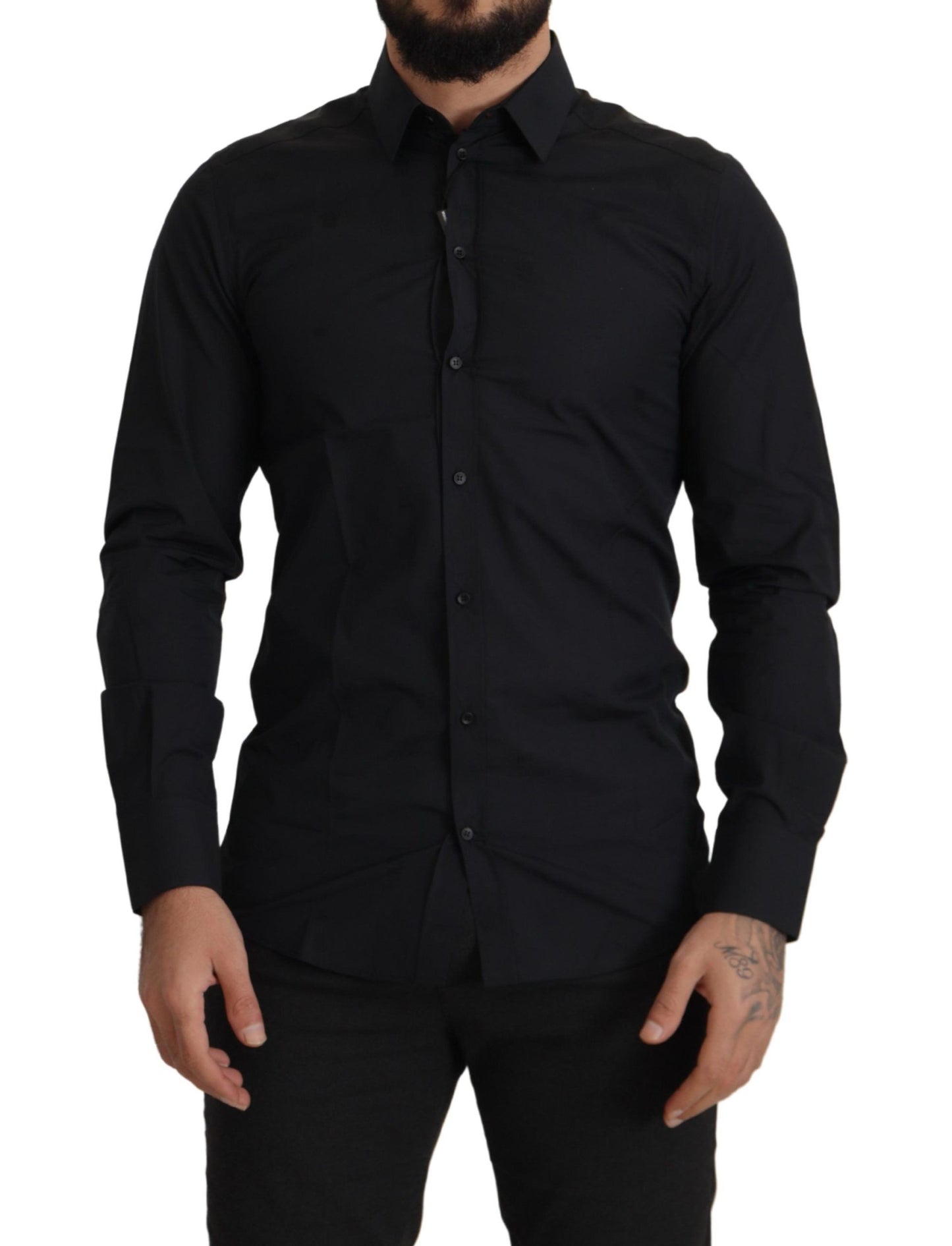 Cămașă Dolce & Gabbana neagră din bumbac, croială slim, aurie