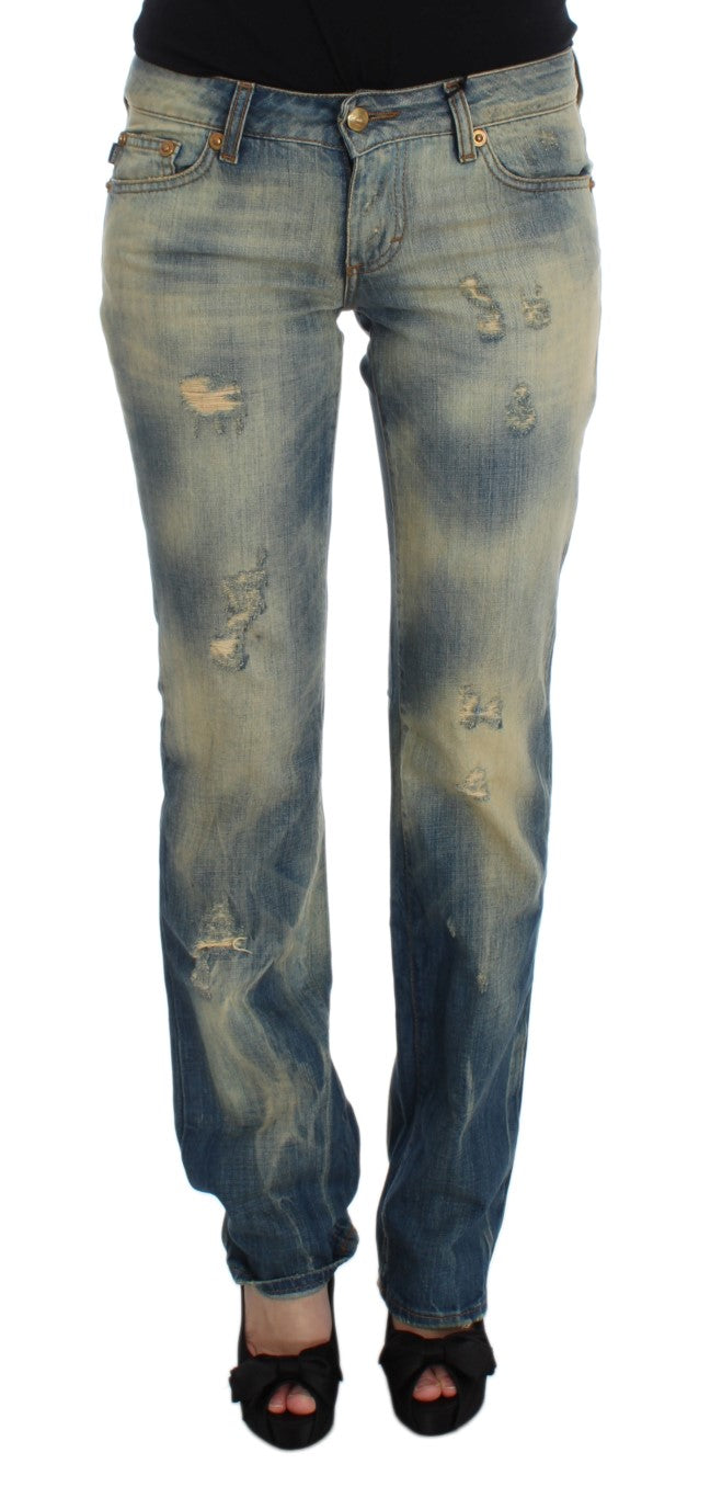 Blugi Cavalli albaștri din bumbac, croială slim fit, cu imprimeu bootcut