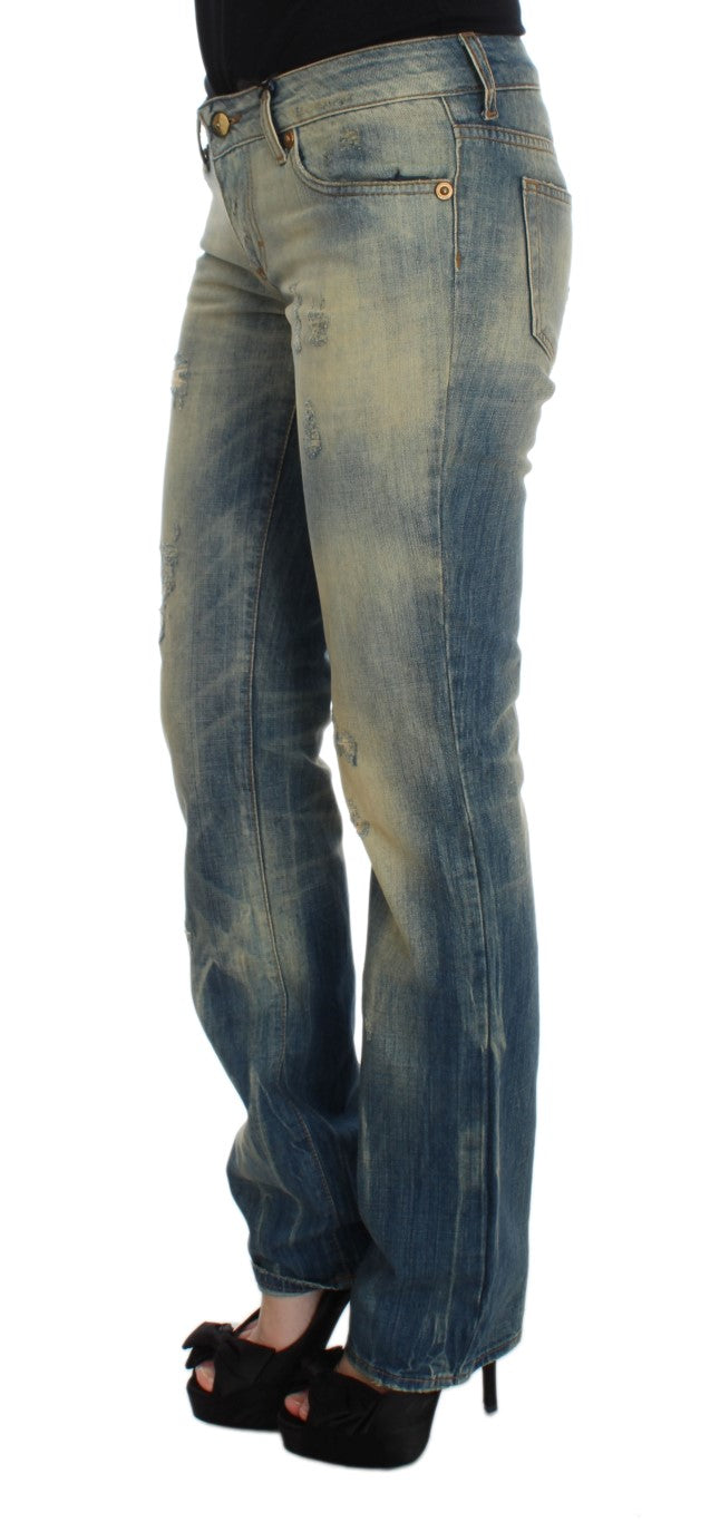Blugi Cavalli albaștri din bumbac, croială slim fit, cu imprimeu bootcut