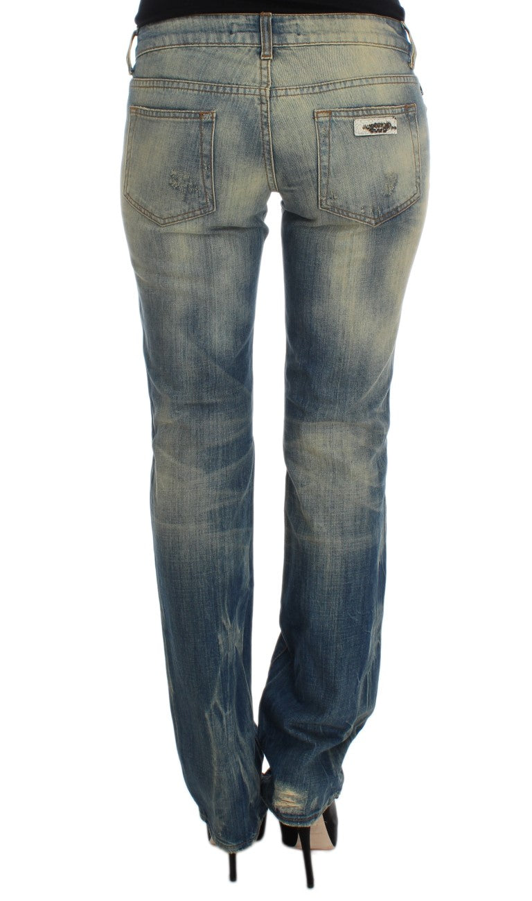 Blugi Cavalli albaștri din bumbac, croială slim fit, cu imprimeu bootcut