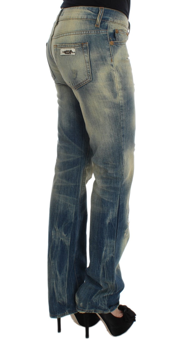 Blugi Cavalli albaștri din bumbac, croială slim fit, cu imprimeu bootcut