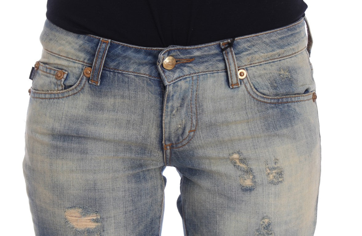 Blugi Cavalli albaștri din bumbac, croială slim fit, cu imprimeu bootcut