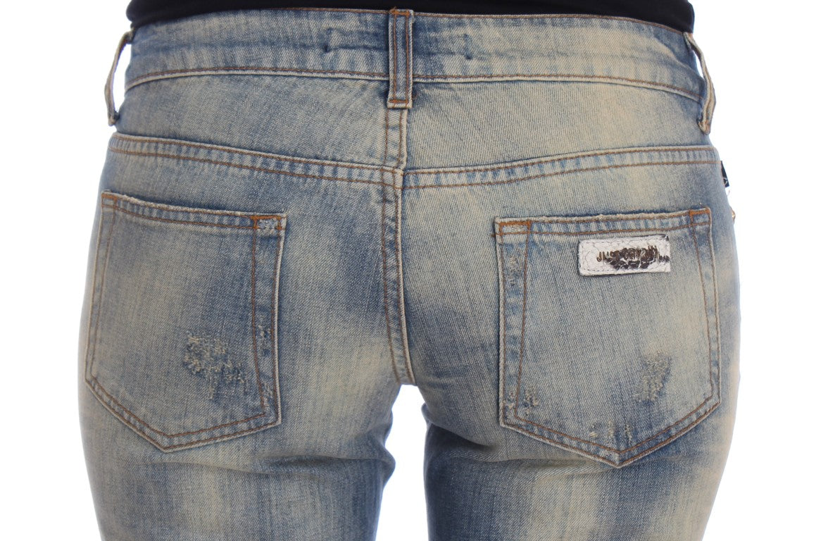 Blugi Cavalli albaștri din bumbac, croială slim fit, cu imprimeu bootcut