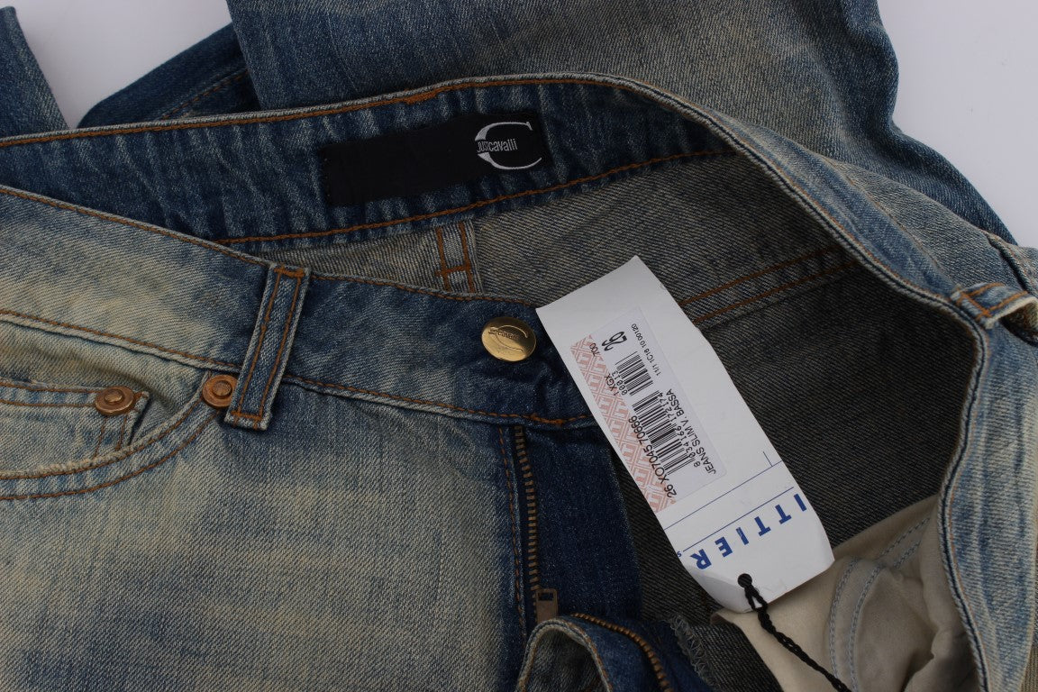 Blugi Cavalli albaștri din bumbac, croială slim fit, cu imprimeu bootcut