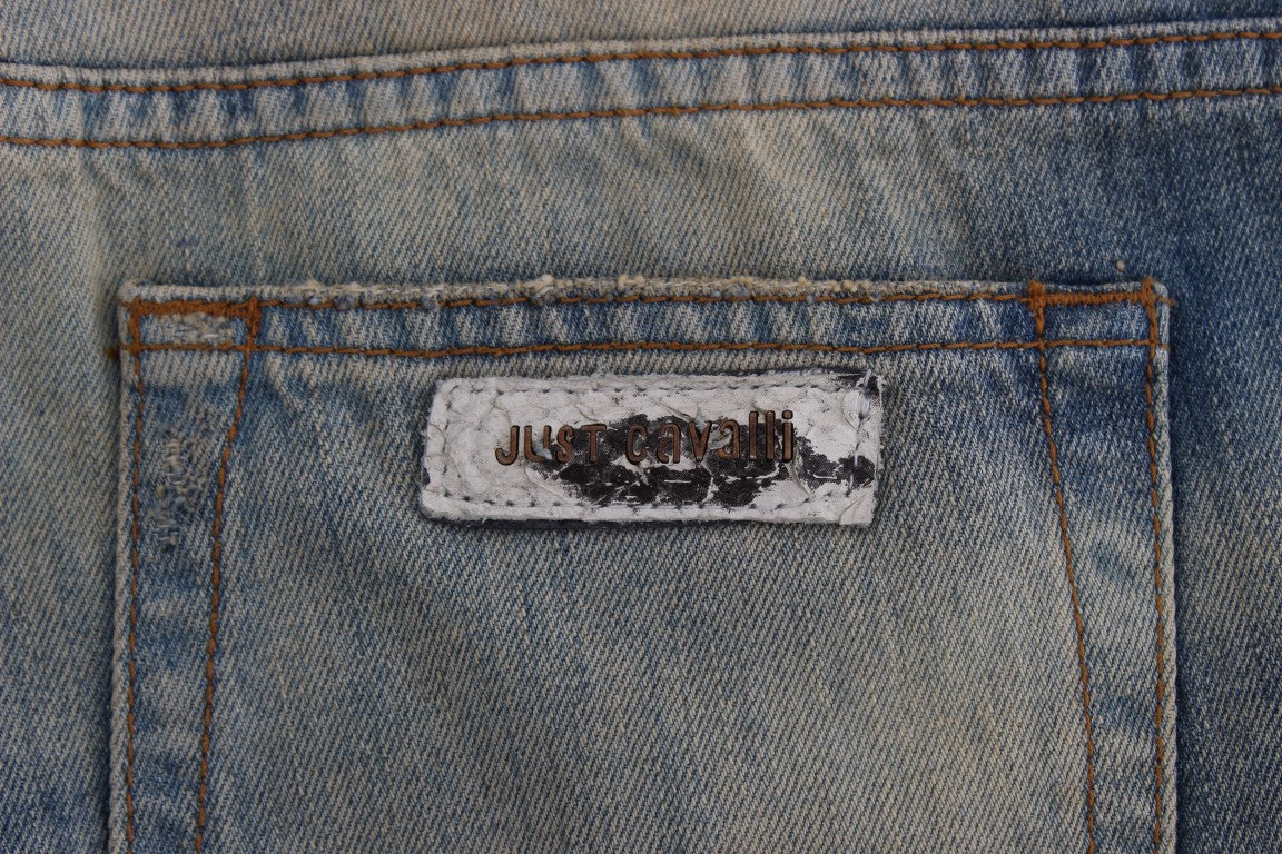 Blugi Cavalli albaștri din bumbac, croială slim fit, cu imprimeu bootcut