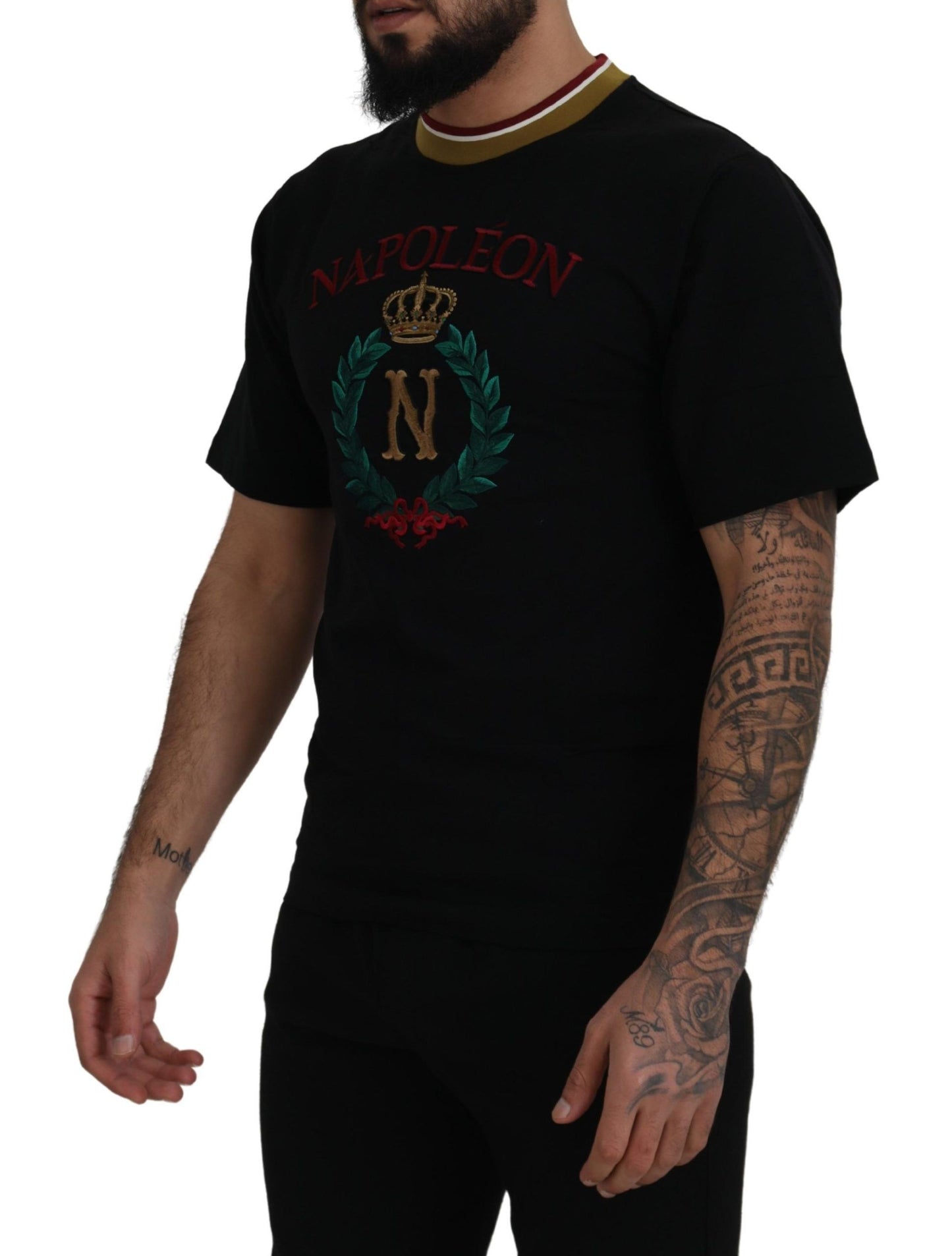 Tricou Dolce & Gabbana negru cu guler rotund din bumbac și broderie
