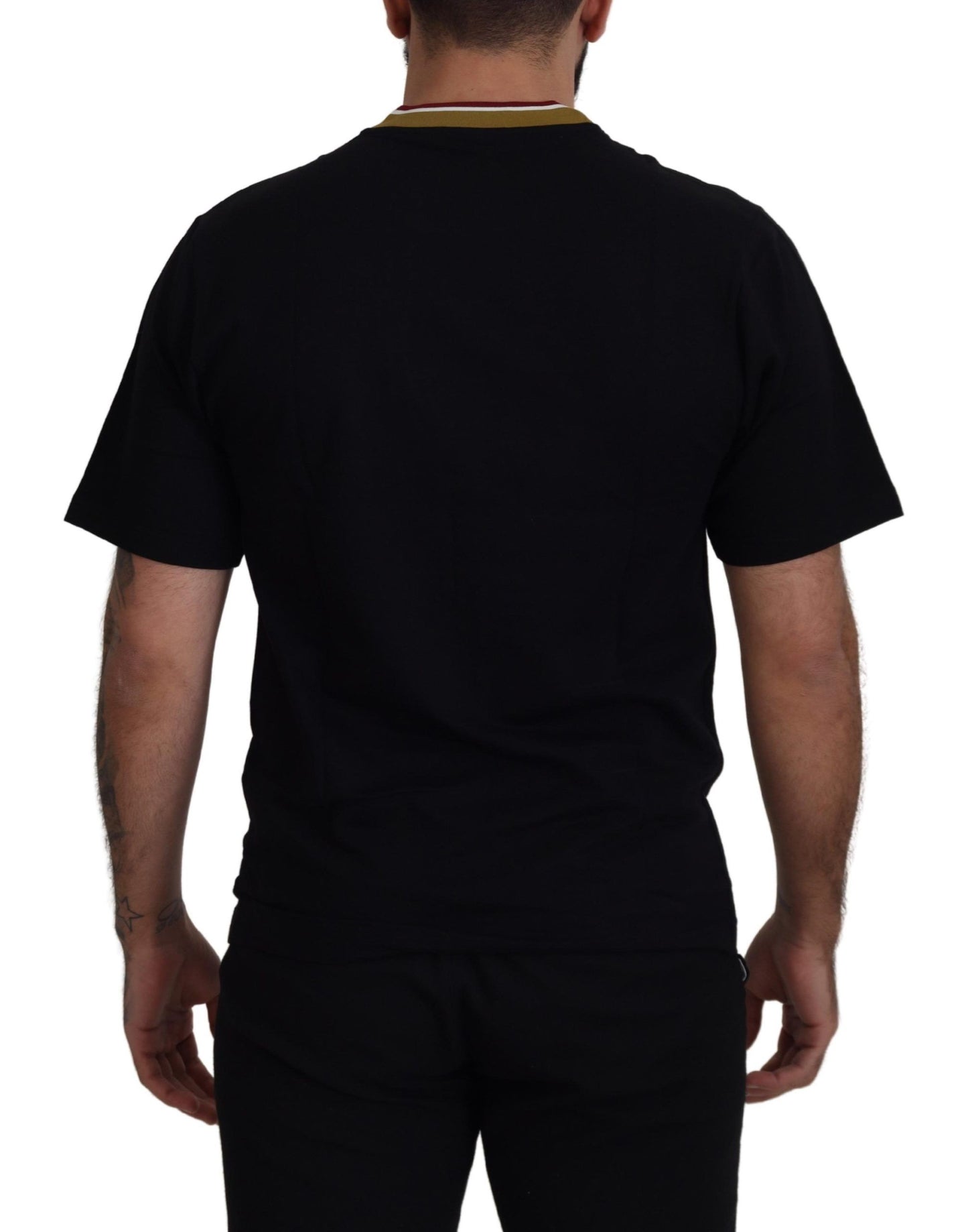 Tricou Dolce & Gabbana negru cu guler rotund din bumbac și broderie