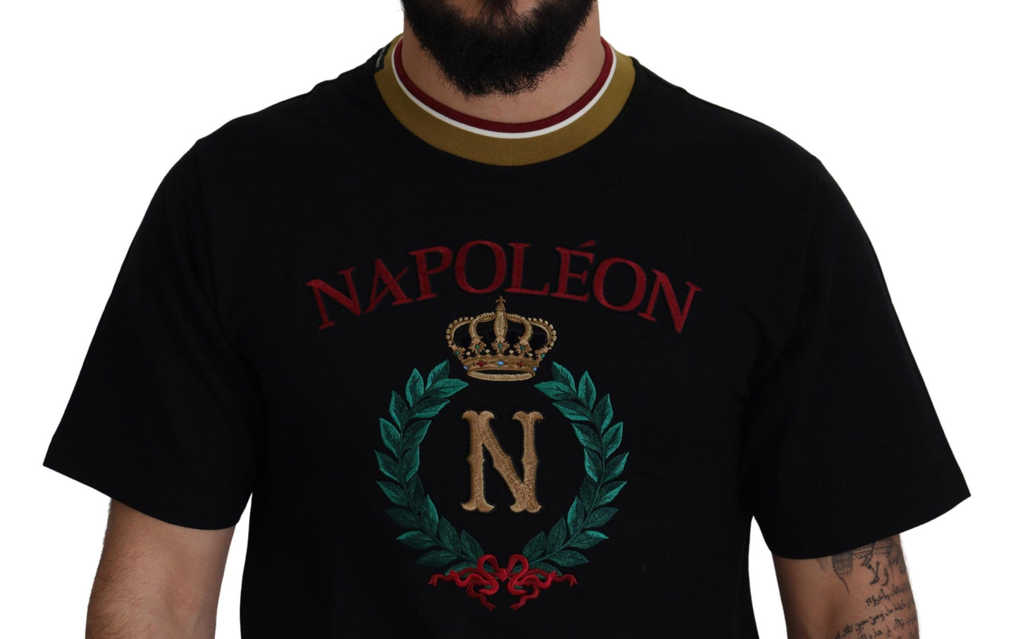 Tricou Dolce & Gabbana negru cu guler rotund din bumbac și broderie