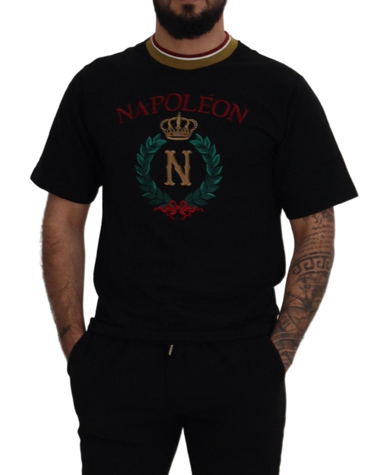 Tricou Dolce & Gabbana negru cu guler rotund din bumbac și broderie