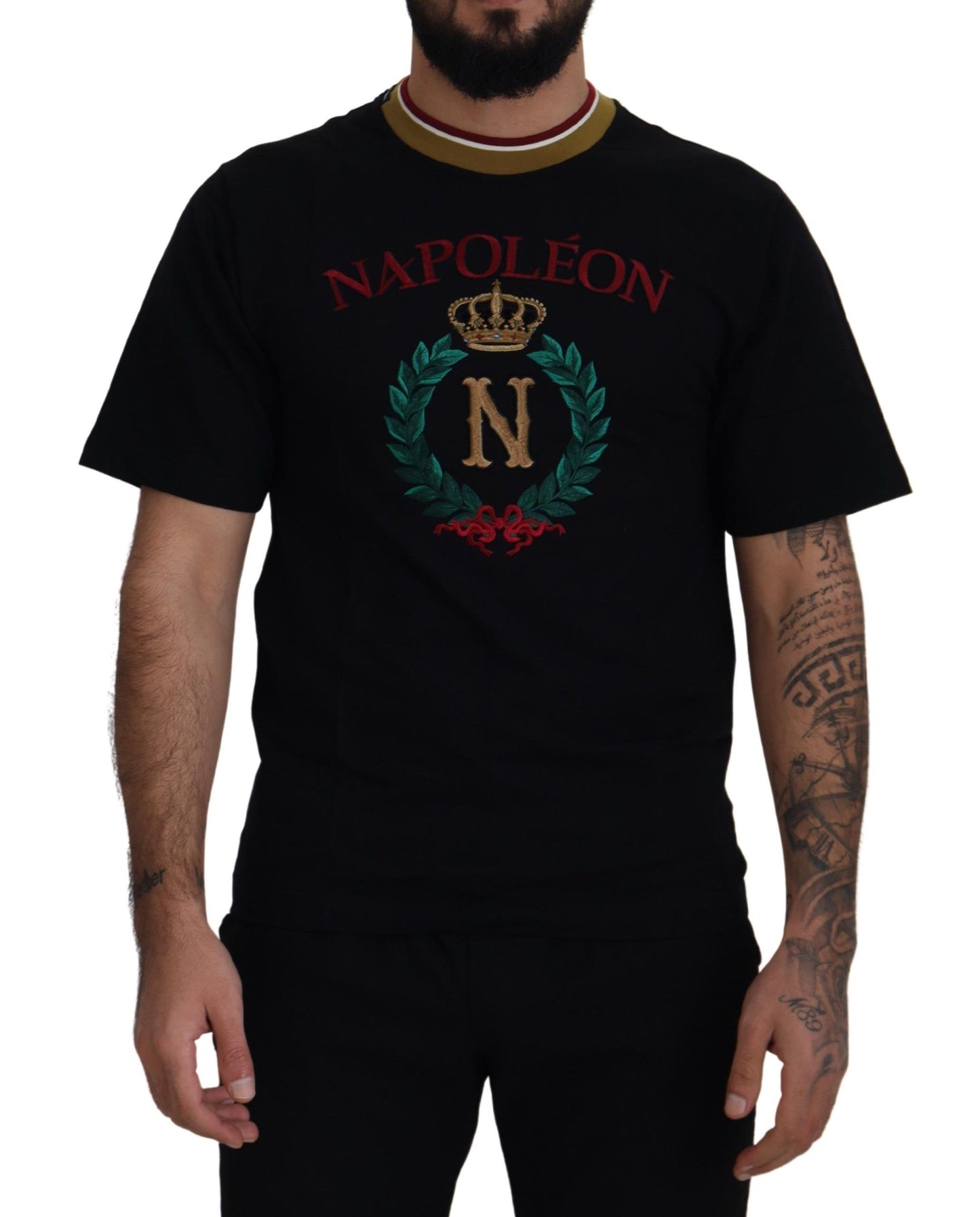 Tricou Dolce & Gabbana negru cu guler rotund din bumbac și broderie