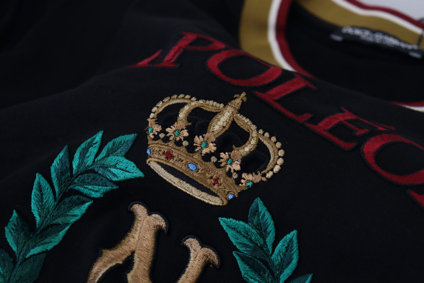 Tricou Dolce & Gabbana negru cu guler rotund din bumbac și broderie
