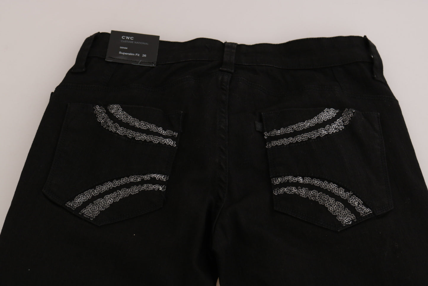 Blugi din denim cu talie medie, croială slim, negri, cu paiete, Costume National