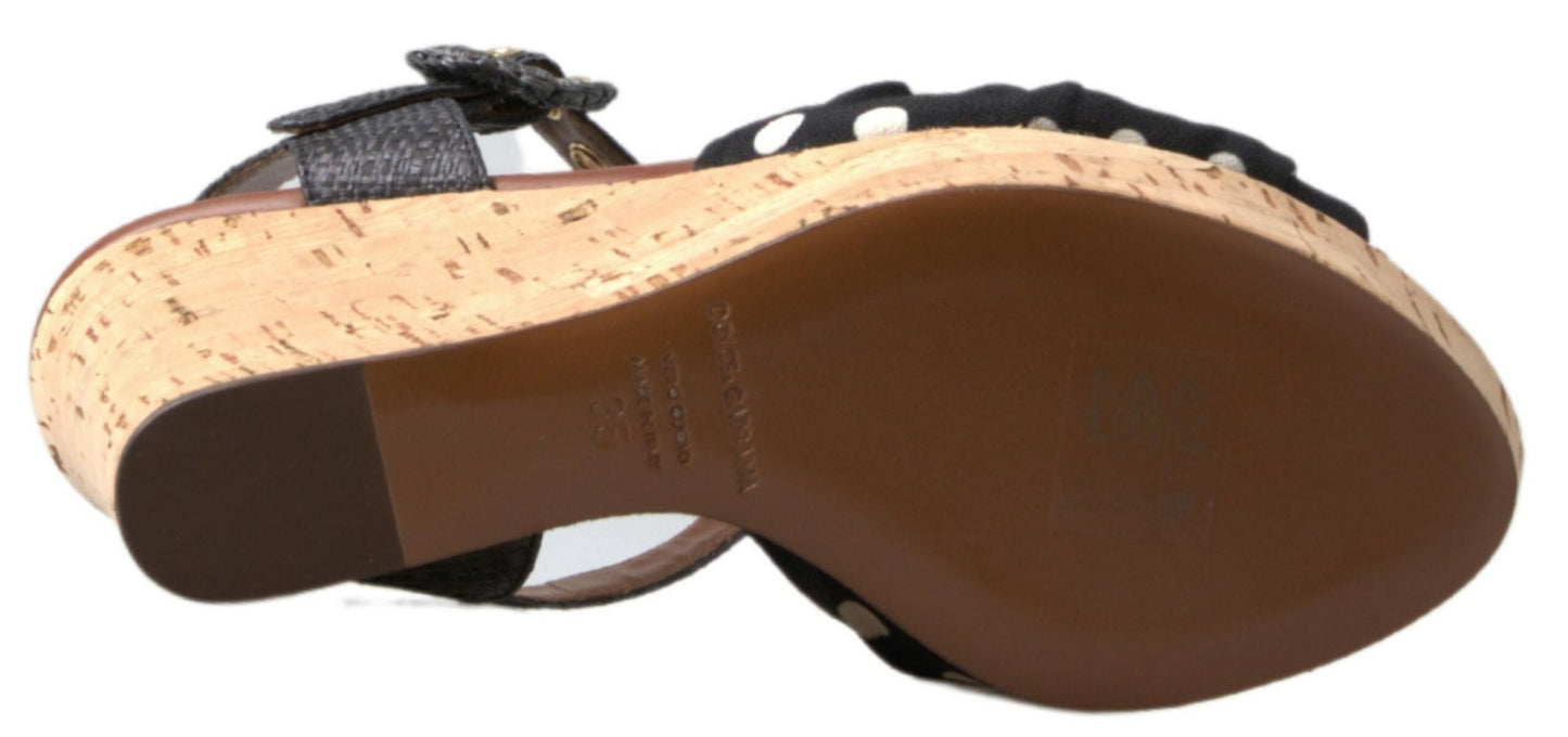Sandale Dolce & Gabbana negre cu platformă și buline, cu bareta la gleznă