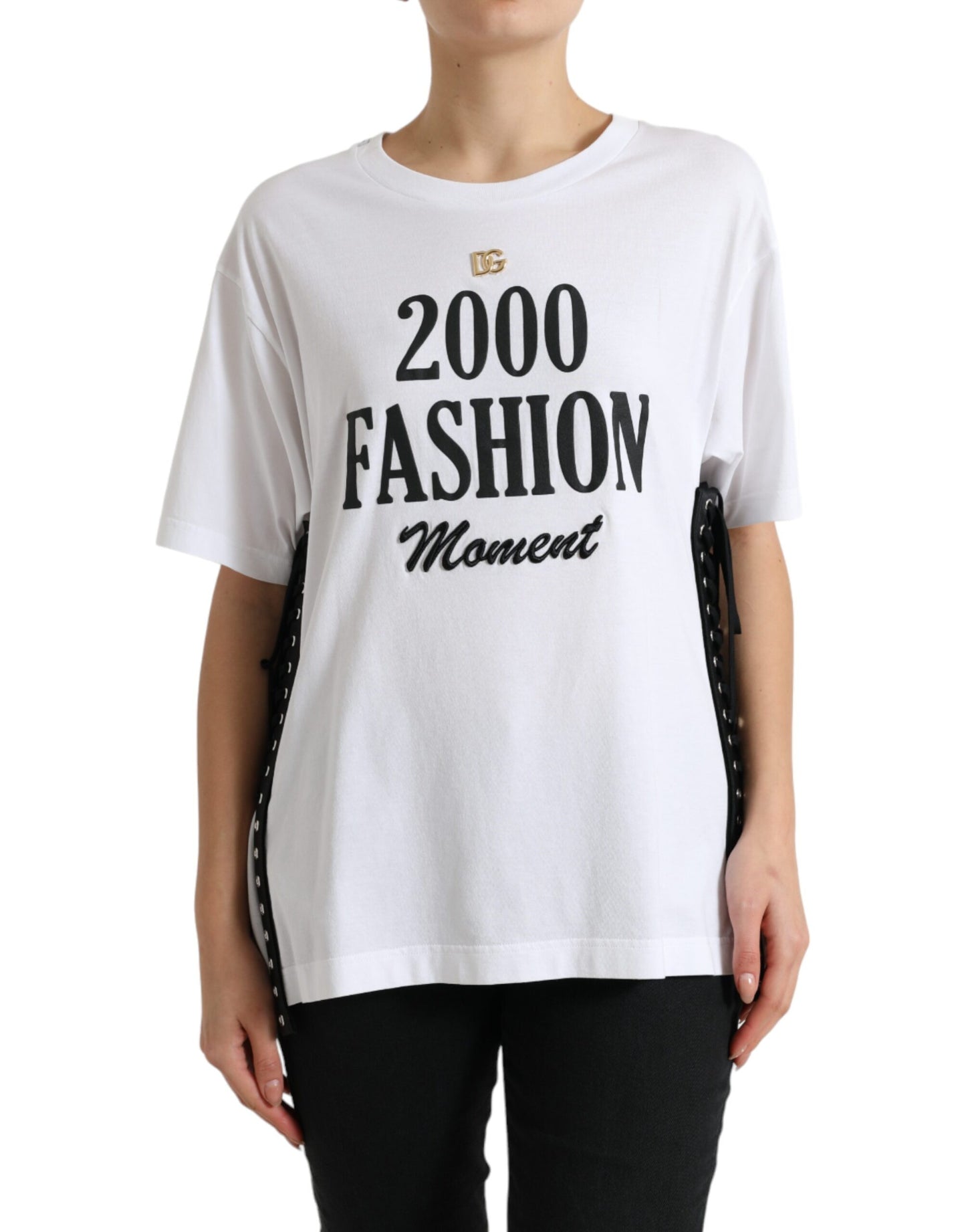 Tricou Dolce & Gabbana alb cu imprimeu de slogan și șireturi