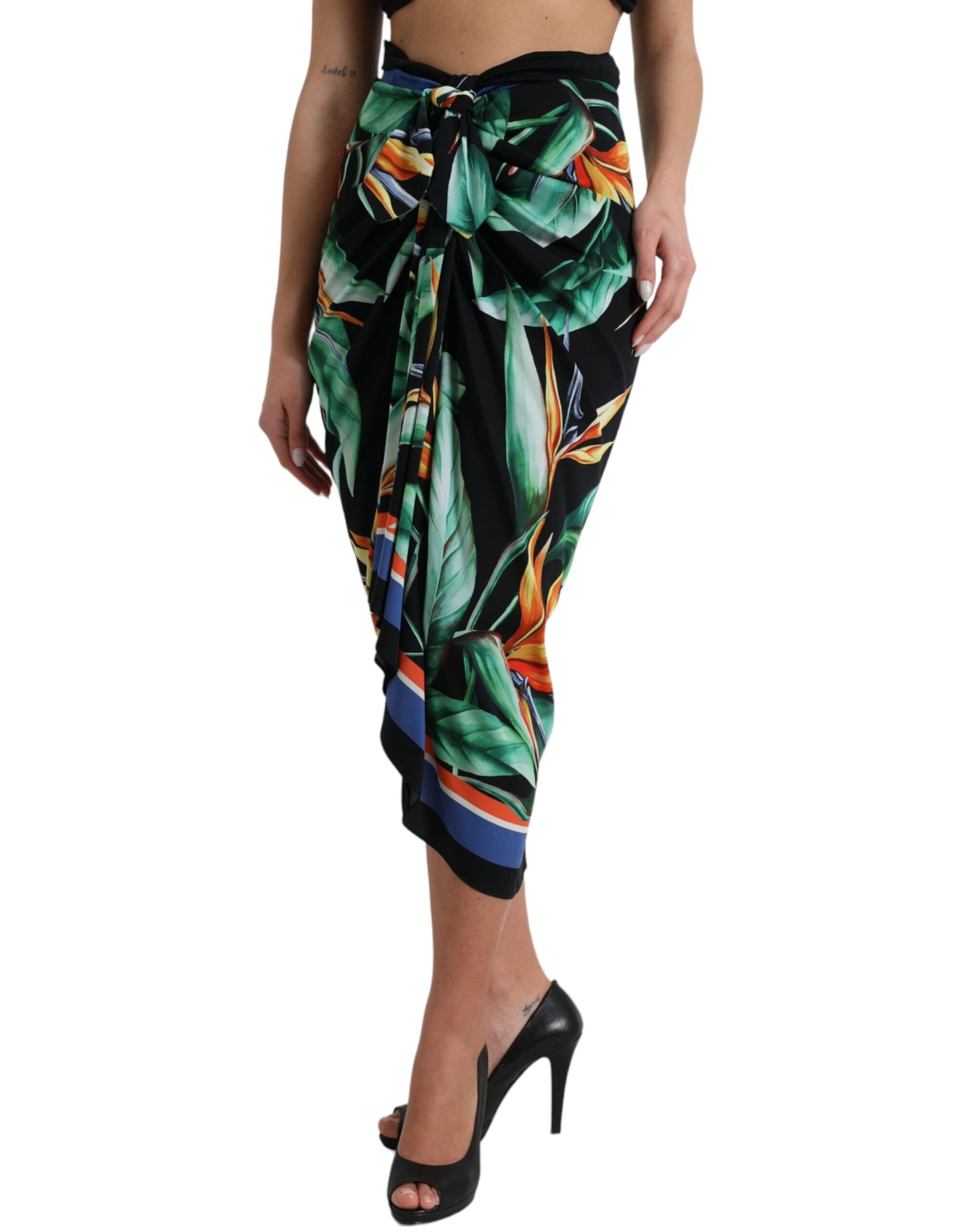 Fustă midi Dolce & Gabbana Strelitzia neagră cu talie înaltă