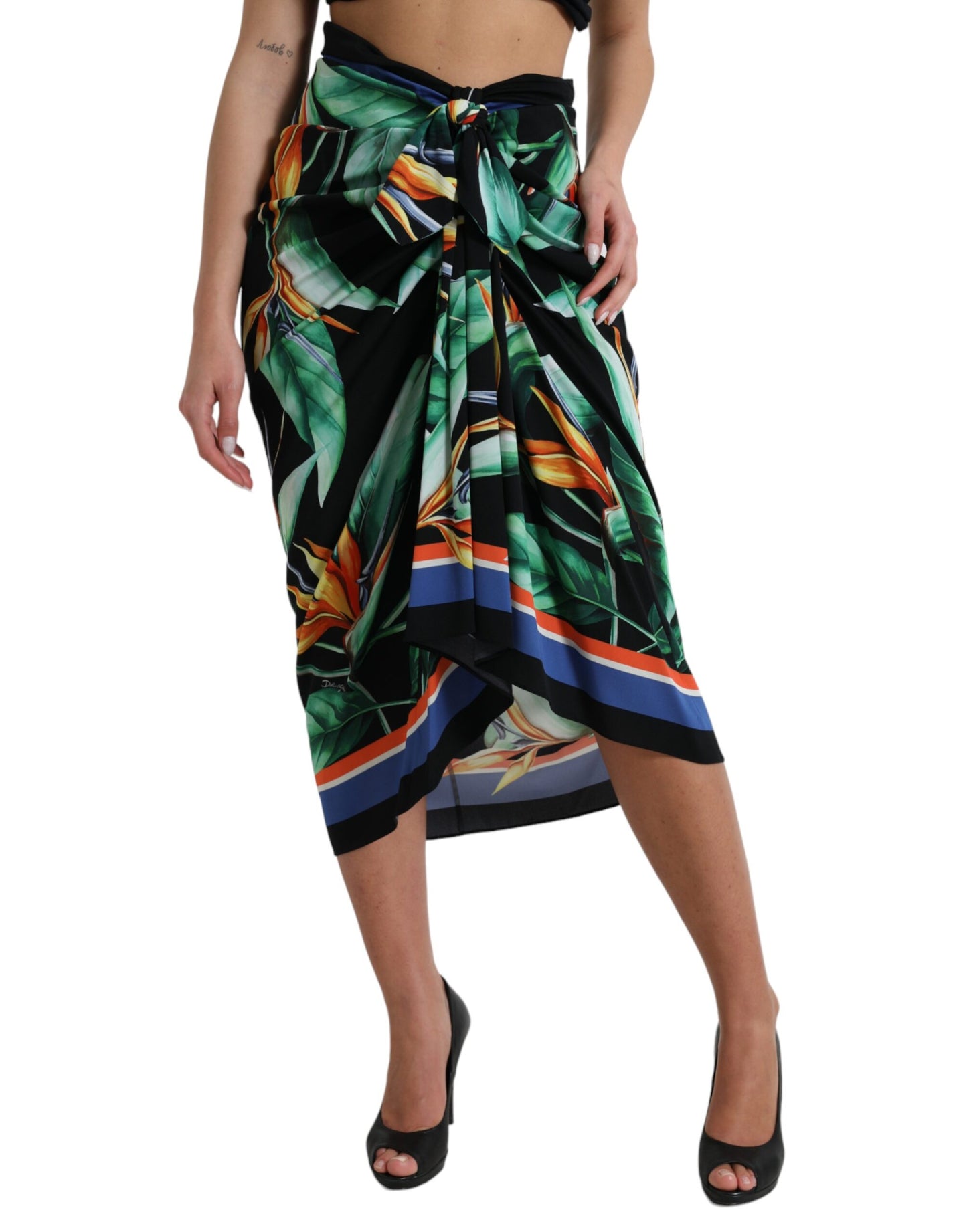 Fustă midi Dolce & Gabbana Strelitzia neagră cu talie înaltă