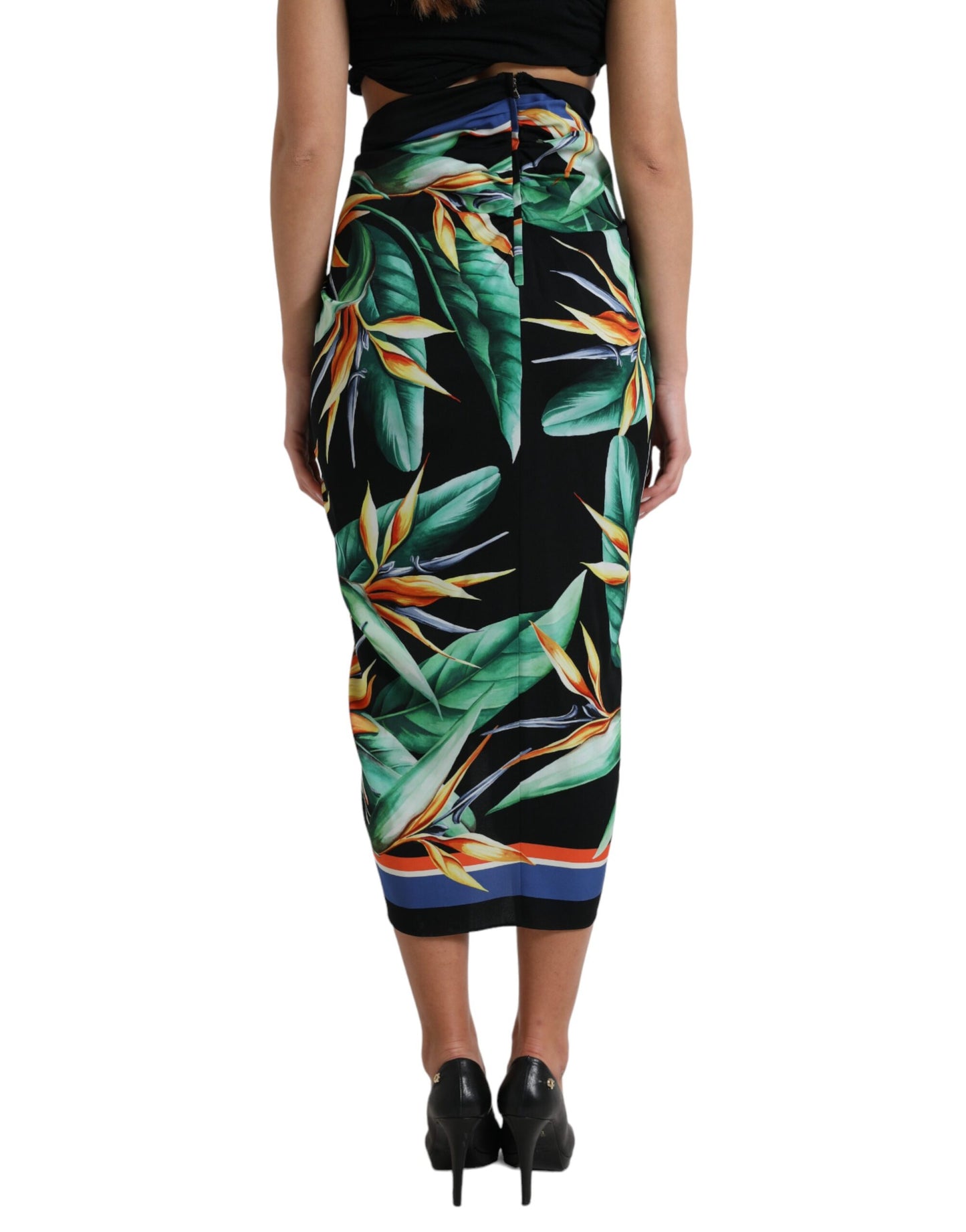 Fustă midi Dolce & Gabbana Strelitzia neagră cu talie înaltă