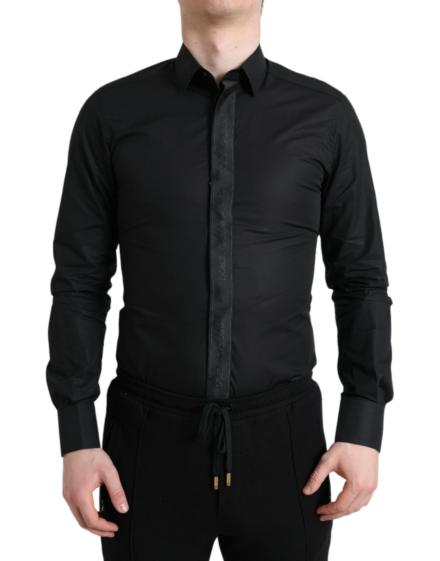 Cămașă elegantă Dolce & Gabbana neagră din bumbac cu logo auriu