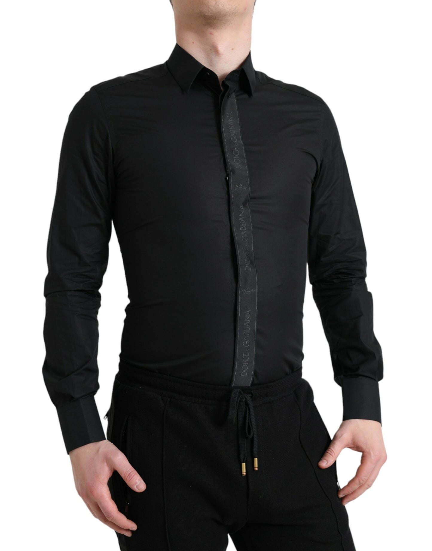 Cămașă elegantă Dolce & Gabbana neagră din bumbac cu logo auriu