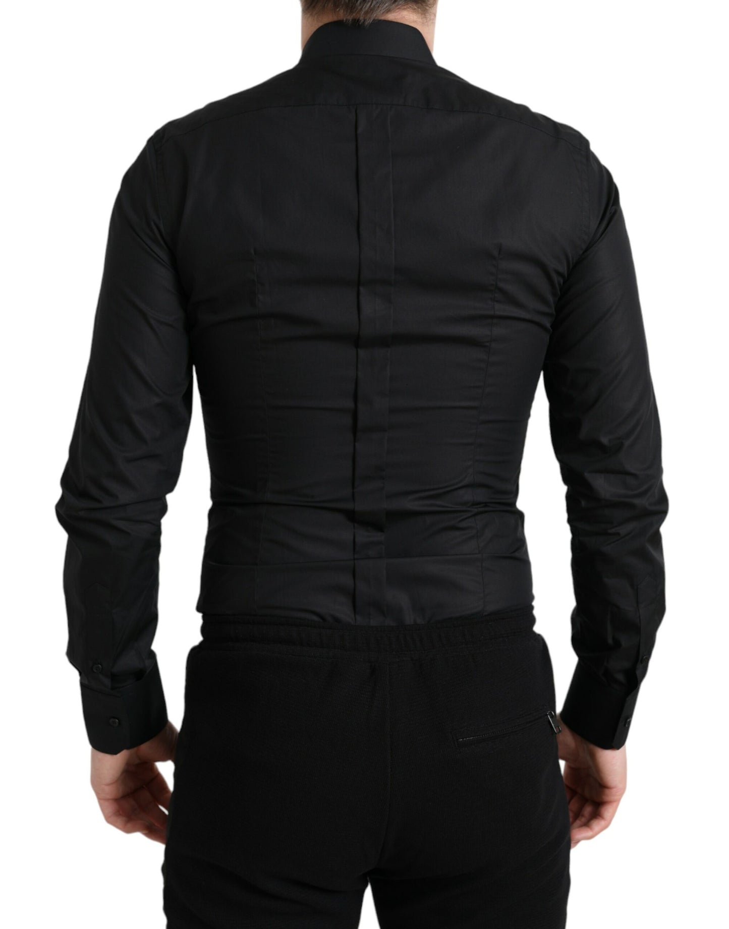 Cămașă elegantă Dolce & Gabbana neagră din bumbac cu logo auriu