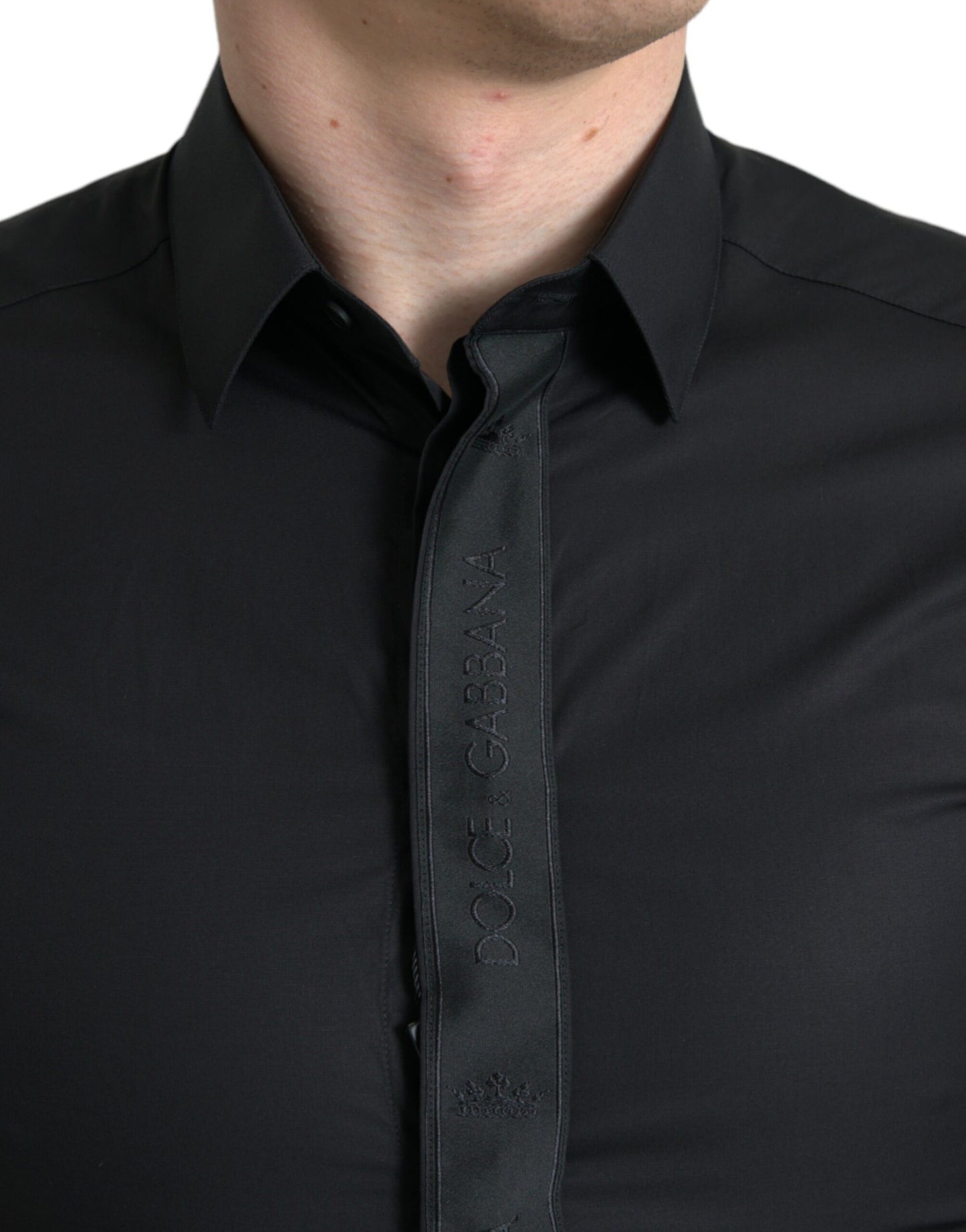 Cămașă elegantă Dolce & Gabbana neagră din bumbac cu logo auriu