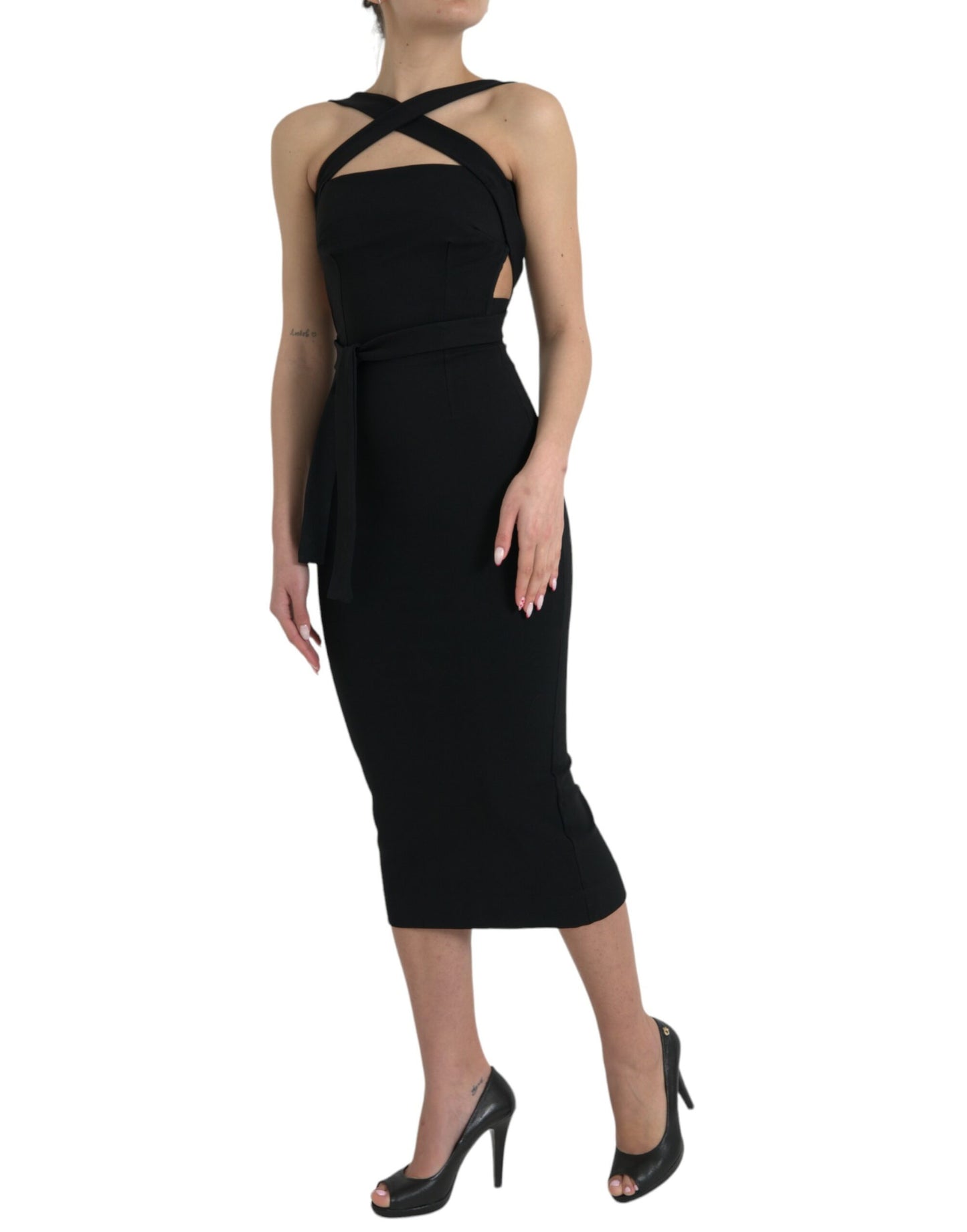 Rochie midi neagră cu imprimeu halter, fără mâneci, Dolce & Gabbana