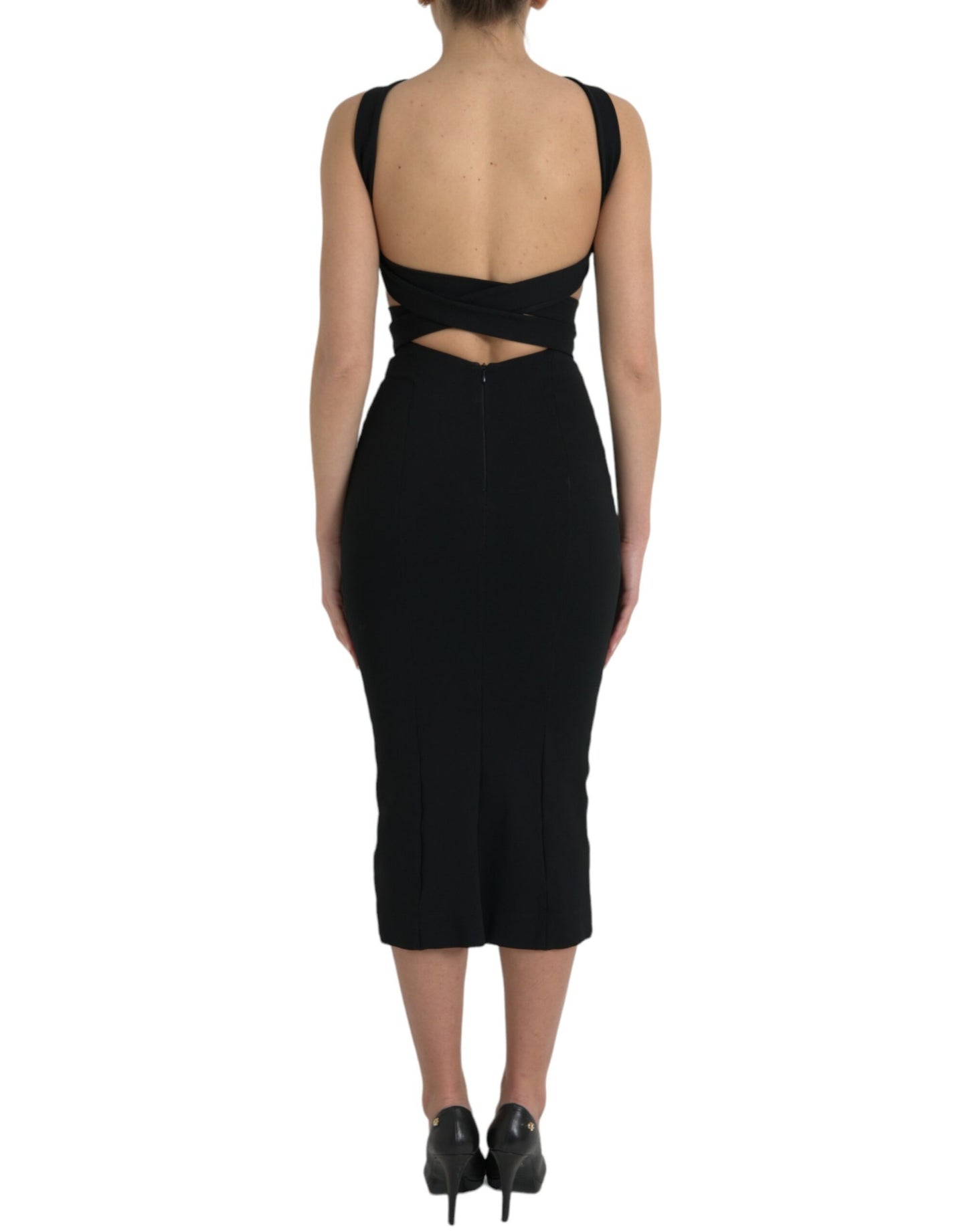 Rochie midi neagră cu imprimeu halter, fără mâneci, Dolce & Gabbana