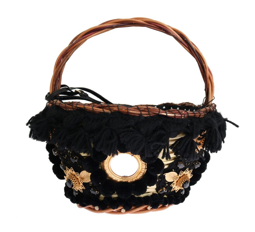Geantă Dolce & Gabbana AGNESE bej cu paie și cristale din piele de șarpe și pompon