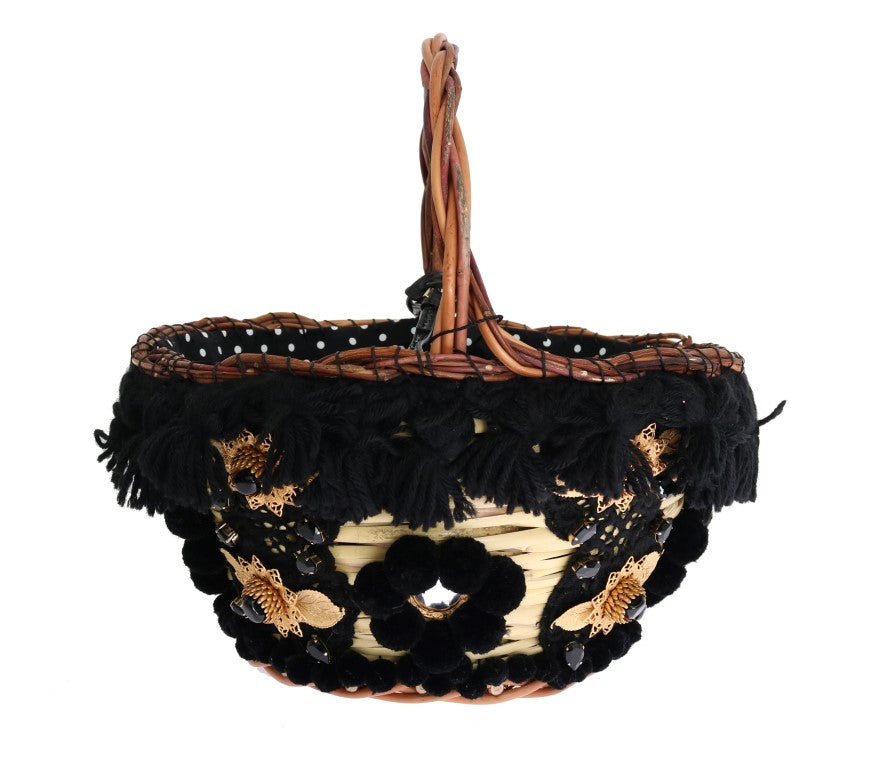Geantă Dolce & Gabbana AGNESE bej cu paie și cristale din piele de șarpe și pompon