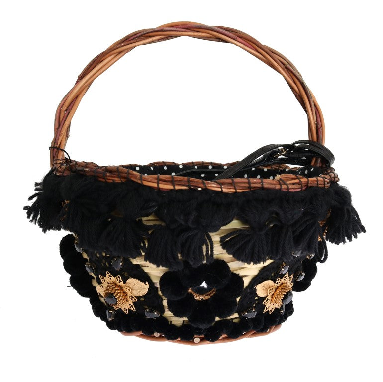 Geantă Dolce & Gabbana AGNESE bej cu paie și cristale din piele de șarpe și pompon