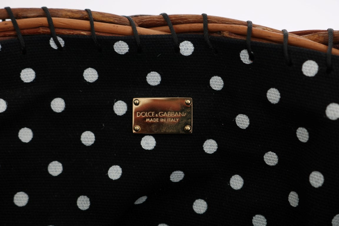 Geantă Dolce & Gabbana AGNESE bej cu paie și cristale din piele de șarpe și pompon