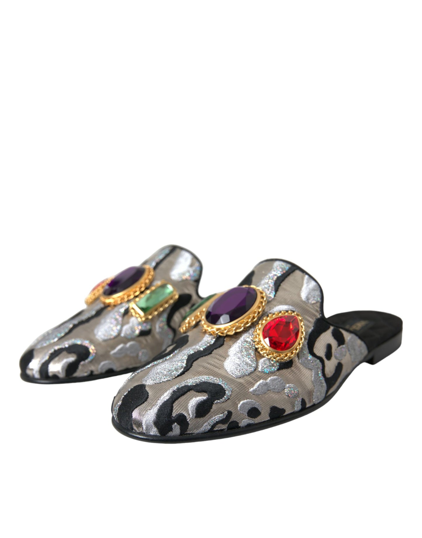 Sandale plate Dolce & Gabbana gri cu cristale jacquard