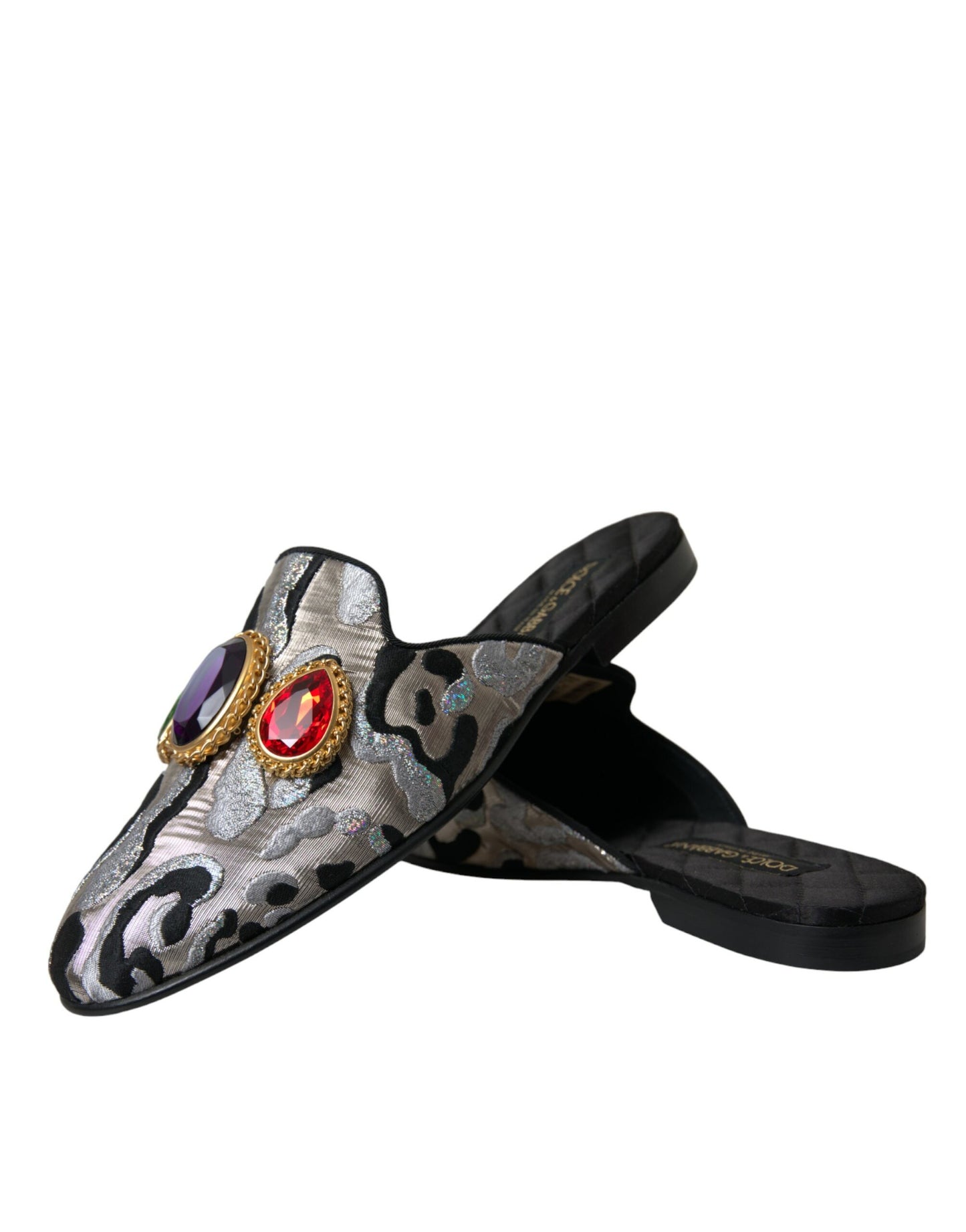 Sandale plate Dolce & Gabbana gri cu cristale jacquard