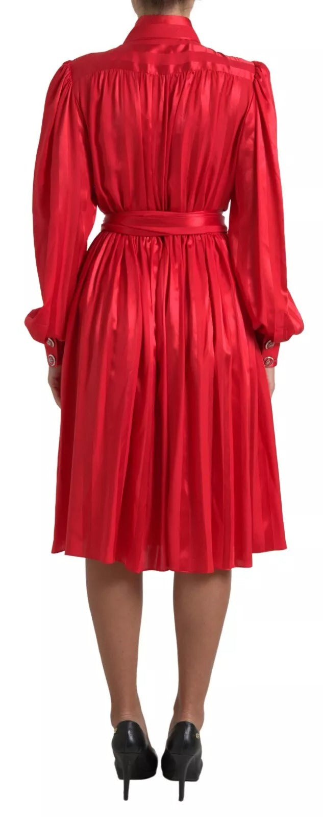 Dolce & Gabbana Red Button Down Belted Midi Satin Silk Dress