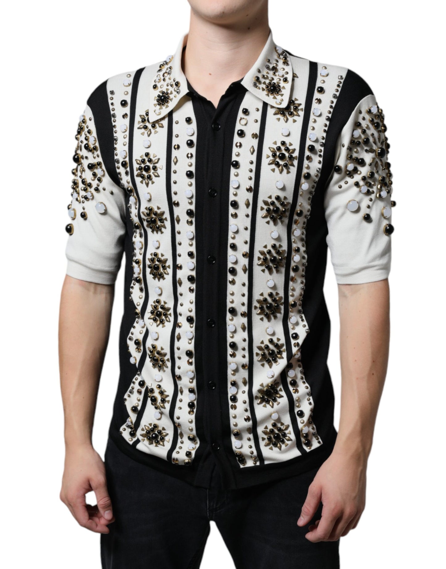 Cămașă Dolce & Gabbana din mătase albă și neagră cu pietre și cristale