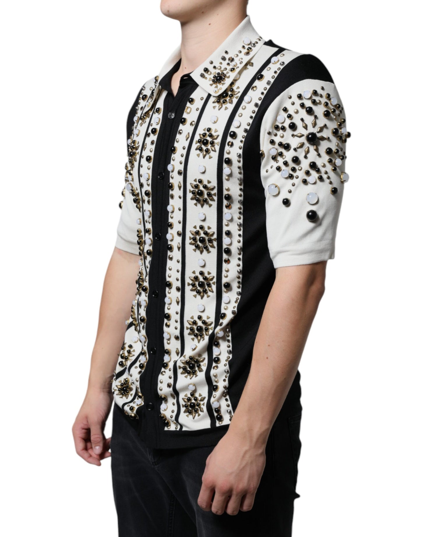 Cămașă Dolce & Gabbana din mătase albă și neagră cu pietre și cristale