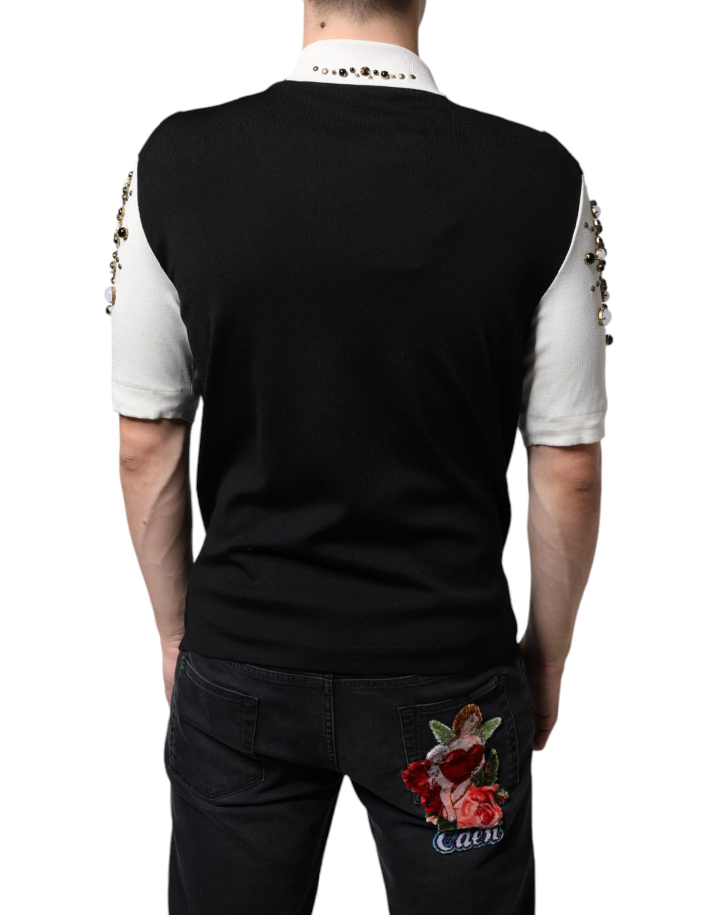 Cămașă Dolce & Gabbana din mătase albă și neagră cu pietre și cristale