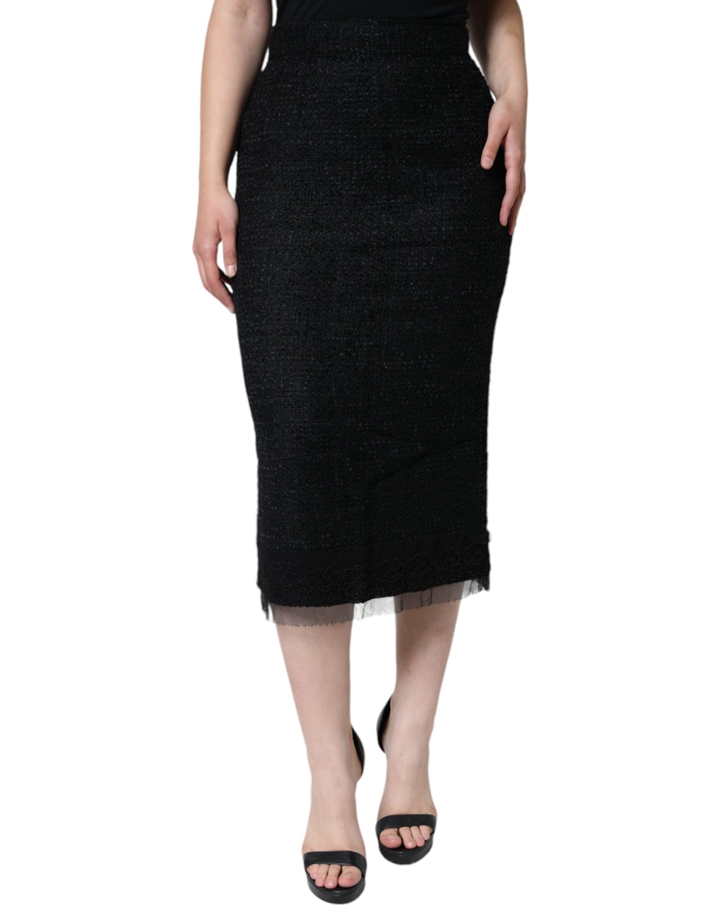 Fustă midi Dolce & Gabbana neagră din lână virgină, croială creion