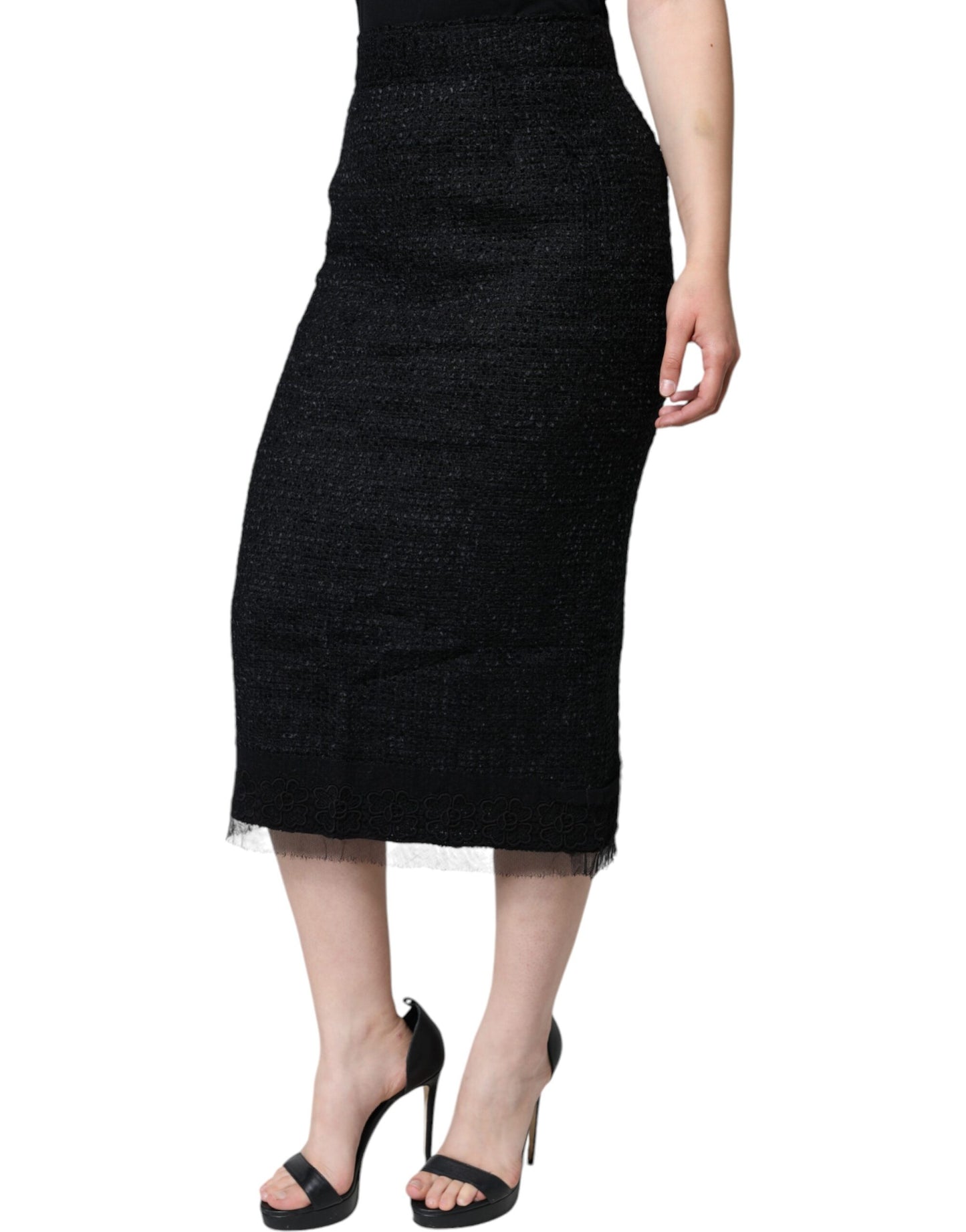Fustă midi Dolce & Gabbana neagră din lână virgină, croială creion