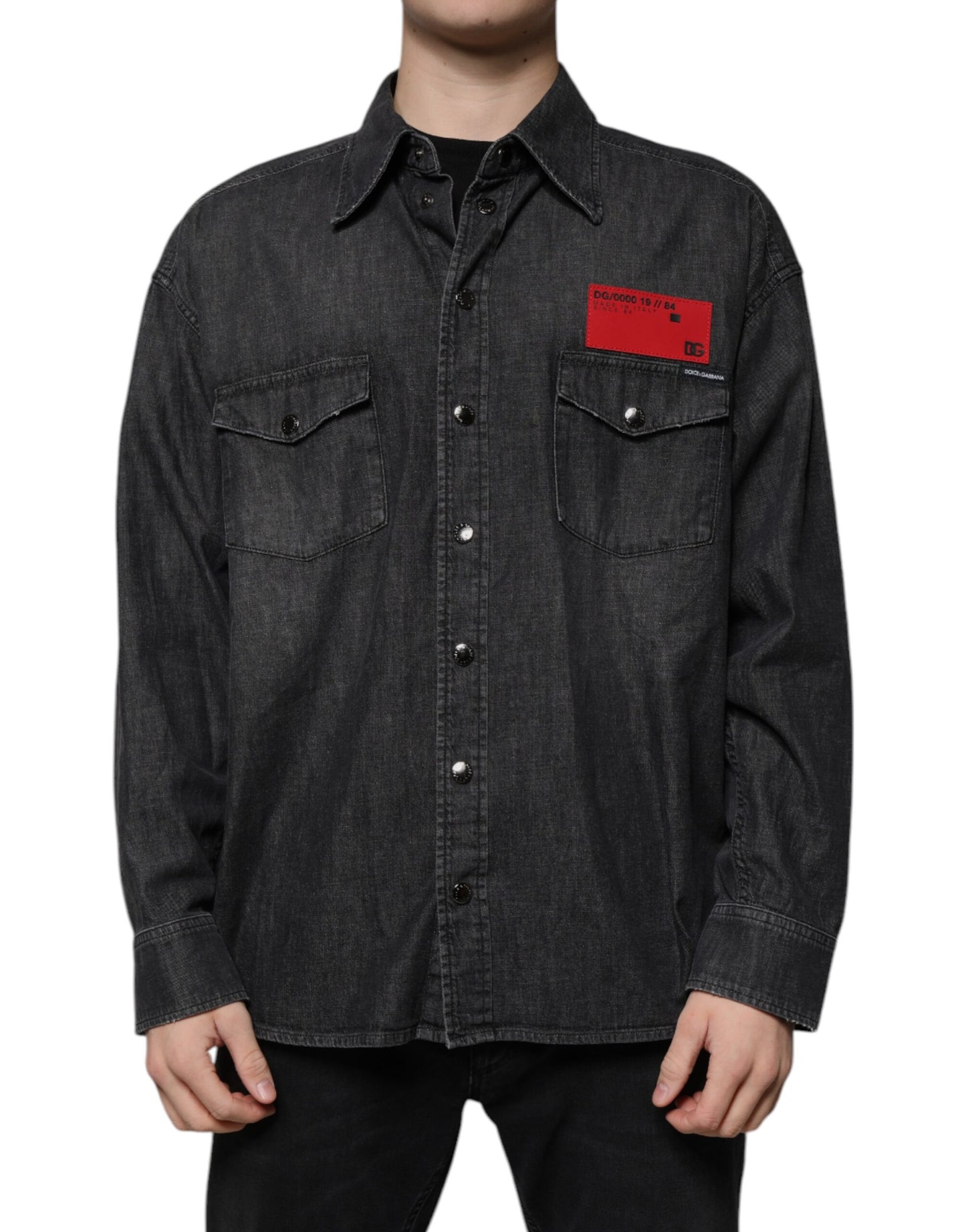 Cămașă Dolce & Gabbana din denim cu nasturi din bumbac și logo negru