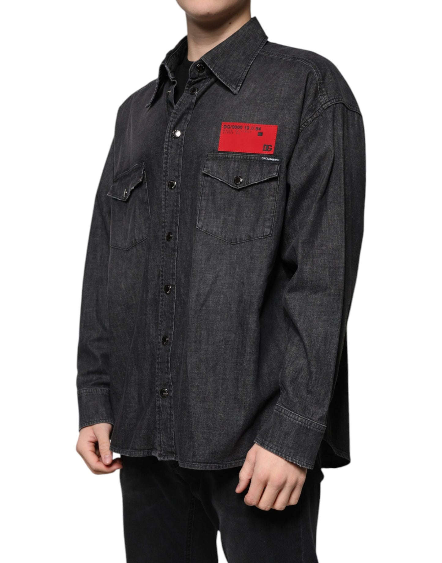 Cămașă Dolce & Gabbana din denim cu nasturi din bumbac și logo negru