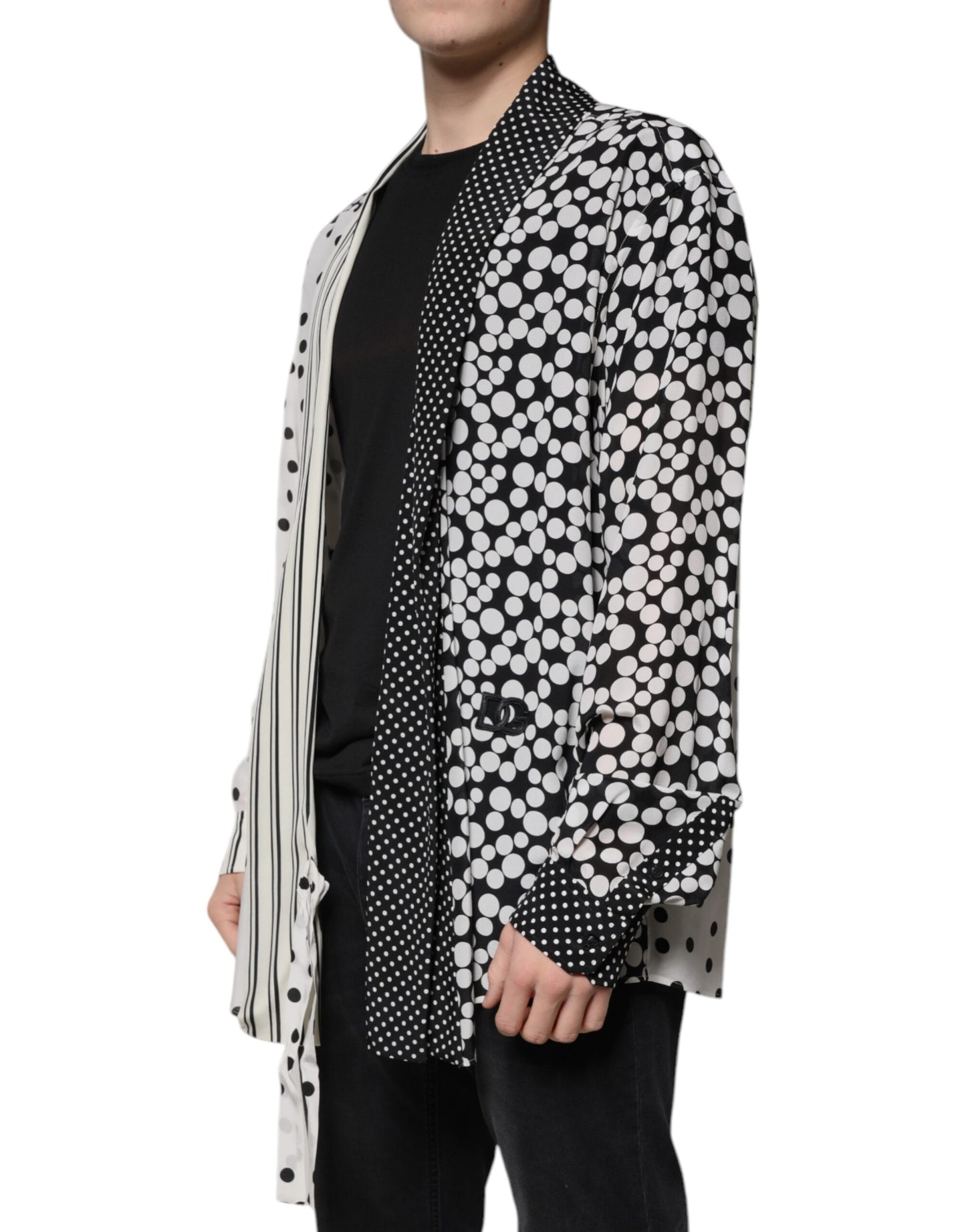 Dolce & Gabbana Cămașă casual din mătase cu buline albe și negru pentru bărbați
