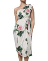 Rochie midi cu un umăr și imprimeu floral alb din mătase Dolce & Gabbana