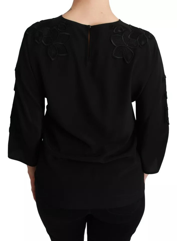 Bluză de mătase neagră cu broderie florală Dolce & Gabbana