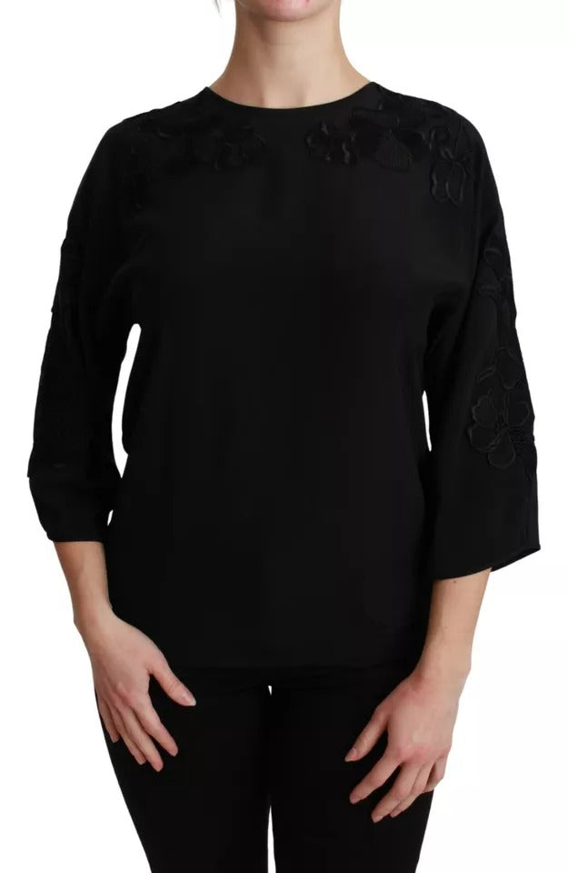 Bluză de mătase neagră cu broderie florală Dolce & Gabbana